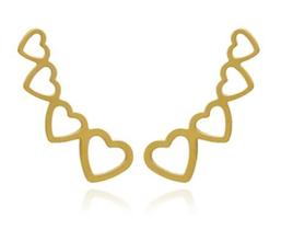 Brinco ear cuff corações vazados folheado a ouro 18k