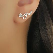 Brinco Ear Cuff Estrelas de Micro Zircônia Cristal e Vazada Banhado a Prata