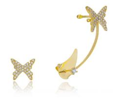 Brinco Ear Cuff Fátima Borboleta Cravejada e Brinco Borboleta cravejados Zircônia Cristal Banhado em Ouro 18k