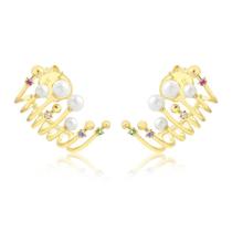 Brinco Ear Cuff Pérolas Multicolor Zircônia Folheado A Ouro Brinco Ear Cuff Pérolas Multicolor Zircônia Folheado A Ouro