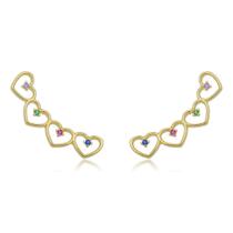 Brinco Ear Cuff Prata 925 Corações com Zircônia Banho Ouro