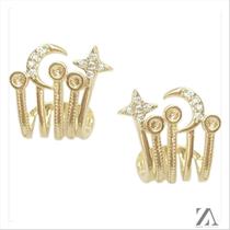 Brinco Ear Hook de Lua e Estrela com Detalhes em Micro Zircônia