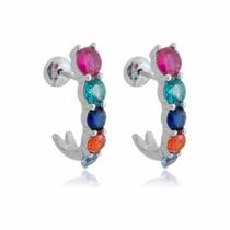 Brinco Ear Hook Zircônia Colorida Prata Banhado a Ródio