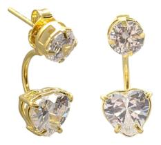Brinco Ear Jacket Pedra Zirconia Dourado Semi Joia Coração