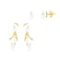 Brinco Ear Jacket Pérolas Duas Formas Uso Folheado Ouro