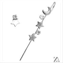 Brinco Ear Pin Estrela e Lua com Zircônia