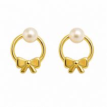 Brinco em Ouro 18k Círculo com Laço e Pérola - Joia Elegante Brinco em Ouro 18k Círculo com Laço e Pérola - Joia Elegante