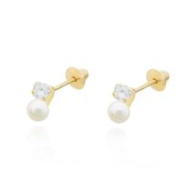 Brinco Em Ouro 18k Com Zircônia E Pérola Natural Pequeno Brinco Em Ouro 18k Com Zircônia E Pérola Natural Pequeno