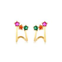 Brinco Encaixe Com Três Zircônias Multicolor Folheado A Ouro Brinco Encaixe Com Três Zircônias Multicolor Folheado A Ouro