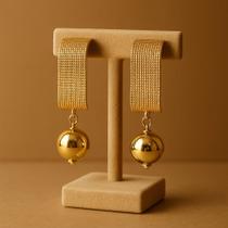 Brinco Esteira com Pingente Esfera Aço Inoxidável, Moderno e Sofisticado