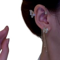 Brinco Estilo EarCuff Dourado Flor Borboleta Strass Luxo