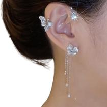 Brinco Estilo EarCuff Prateado Flor Borboletas Luxo