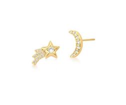 Brinco Estrela e Lua Cravejado Banhado a Ouro - Joia Elegante Brinco Estrela e Lua Cravejado Banhado a Ouro - Joia Elegante