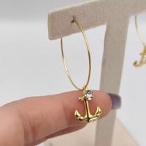 Brinco Feminino Argola Fina Âncora Strass Folheado A Ouro 18K Antialérgico - RSPRI027