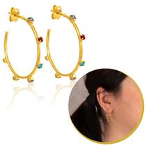 Brinco Feminino Argola Médio Com Pedras Zircônias Coloridas Brinco Feminino Argola Médio Com Pedras Zircônias Coloridas