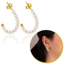 Brinco Feminino Banhado a Ouro Meia Argola Com Pérolas