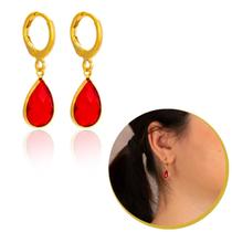 Brinco Feminino Banhado Argola Com Gota Zircônia Vermelha