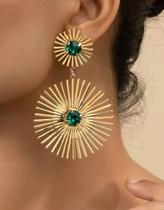 Brinco Feminino Boho Chic Raio de Sol Pedra Verde Brilhante