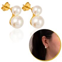 Brinco Feminino Bolinha Pérolas Dupla Pequeno Dourado Brinco Feminino Bolinha Pérolas Dupla Pequeno Dourado