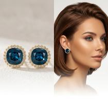 Brinco Feminino Botão de Diamante Dourado Azul Escuro Zirconia Pino de Prata 925 Antialérgico Delicado Minimalista