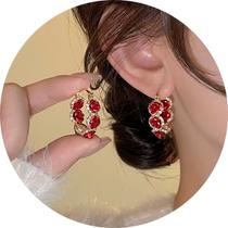Brinco Feminino Delicado Argola Dourado Rosa Vermelha Strass