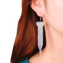 Brinco Feminino Delicado Coração Strass Franja Prateado Joia Brinco Feminino Delicado Coração Strass Franja Prateado Joia