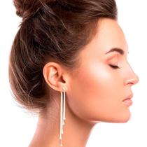 Brinco Feminino Delicado Franja Strass Prateado Corrente