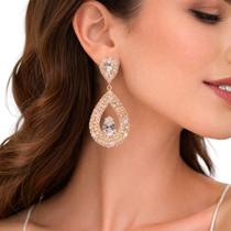 Brinco Feminino Dourado Gota Strass Longo Luxo Festa Brilho -