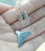 Brinco Feminino em Prata 925 Primeiro e segundo furo Cavalo Marinho Linha Mar Praia