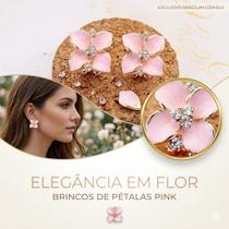 Brinco Feminino Flor Quatro Pétalas Rosa Pink Com Zirconias Antialérgico Delicado Minimalista