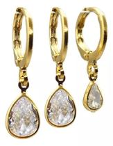 Brinco Feminino Folh Ouro Argola Trio Gotas Zircônia Degrade