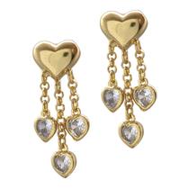 Brinco Feminino Folheado a Ouro Fios com Corações de Pedra Zircônia em Caixa de Luxo - Semijoias