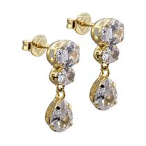 Brinco Feminino Folheado a Ouro Pingentes com 3 Pedras Zircônias em Caixa de Luxo - Semijoias Brinco Feminino Folheado a Ouro Pingentes com 3 Pedras Zircônias em Caixa de Luxo - Semijoias