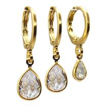 Brinco Feminino Folheado Ouro Trio Gotas de Zircônia Degrade em Caixa de Luxo Semijoias Brinco Feminino Folheado Ouro Trio Gotas de Zircônia Degrade em Caixa de Luxo Semijoias