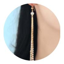 Brinco Feminino Franja Longo Fino Elegante Strass Dourado -