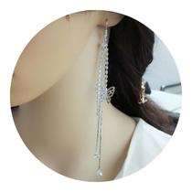 Brinco Feminino Franja Longo Strass Prata Borboletas Brilho