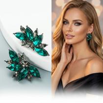 Brinco Feminino Gotas Esmeralda com Fumê Geometricas Zircônias Luxuoso