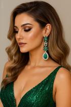 Brinco Feminino Grande Maxi Verde Esmeralda Longa Gota Flor Strass Zirconia Luxo Festa Natal Formatura Namorada Presente