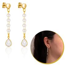 Brinco Feminino Longo Bolinha Pérola e Gota Zircônia
