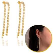 Brinco Feminino Longo Dourado Com Pedra Strass Zircônia Brinco Feminino Longo Dourado Com Pedra Strass Zircônia