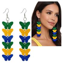 Brinco Feminino Longo em Camadas de Borboletas Brasil Torcida Fashion (1 Par)