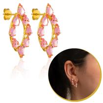 Brinco Feminino Oval Com Pedras Zircônia Rosa Festa