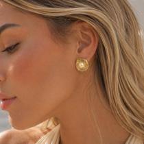Brinco Feminino Sem Furo de Pressão Pérola e Círculos, Elegante, Banhado á Ouro 18k,Brinco De Clipe Brinco Feminino Sem Furo de Pressão Pérola e Círculos, Elegante, Banhado á Ouro 18k,Brinco De Clipe