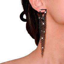 Brinco Feminino Strass Franja Diamante Longo Luxo Maxi Preto - Brinco Feminino Strass Franja Diamante Longo Luxo Maxi Preto -