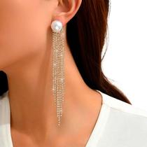 Brinco Feminino Strass Franja Pérola Longo Luxo Maxi Festa - Brinco Feminino Strass Franja Pérola Longo Luxo Maxi Festa -