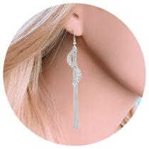 Brinco Feminino Strass Longo Pedra Delicado Franja S Pratead - Brinco Feminino Strass Longo Pedra Delicado Franja S Pratead -
