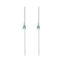 Brinco Fio Passante Longo Pedra Verde Agua Banhado Prata 925