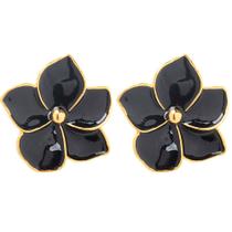 Brinco Flor Folhas Pretas Folheado A Ouro 18k