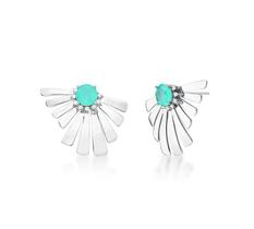 Brinco folhas com pedra redonda turmalina banhado a ródio branco