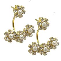 Brinco Folheado A Ouro Flor Pedras Haste 3 Flores Cravejada